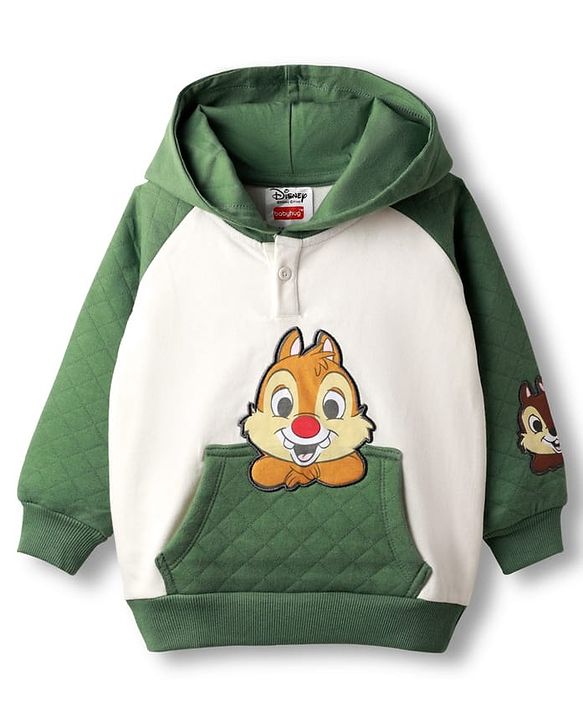 Babyhug Disney Terry Knit Full Raglan Sleeves Hooded Sweatshirt with Chip n Dale Patch Detailing & Kangaroo Pocket - Green & White