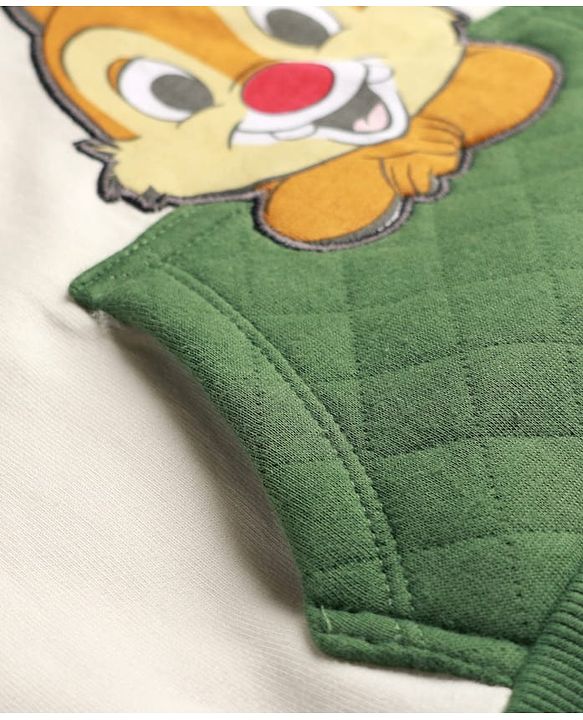Babyhug Disney Terry Knit Full Raglan Sleeves Hooded Sweatshirt with Chip n Dale Patch Detailing & Kangaroo Pocket - Green & White