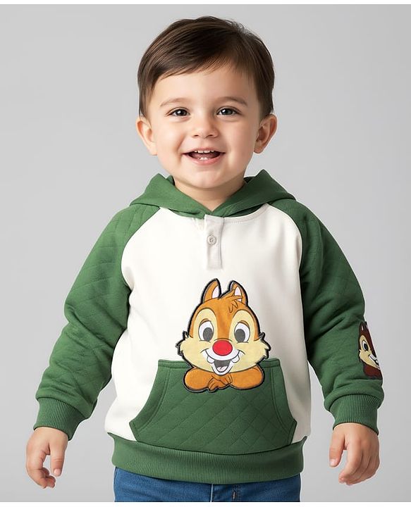 Babyhug Disney Terry Knit Full Raglan Sleeves Hooded Sweatshirt with Chip n Dale Patch Detailing & Kangaroo Pocket - Green & White