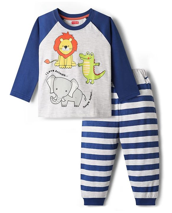 Babyhug Cotton Knit Full Raglan Sleeves Night Suit With Animal Print - Blue