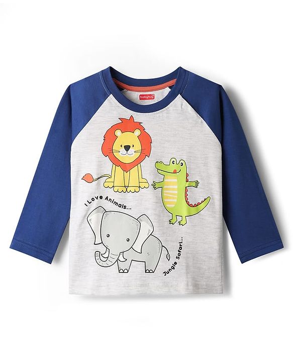 Babyhug Cotton Knit Full Raglan Sleeves Night Suit With Animal Print - Blue