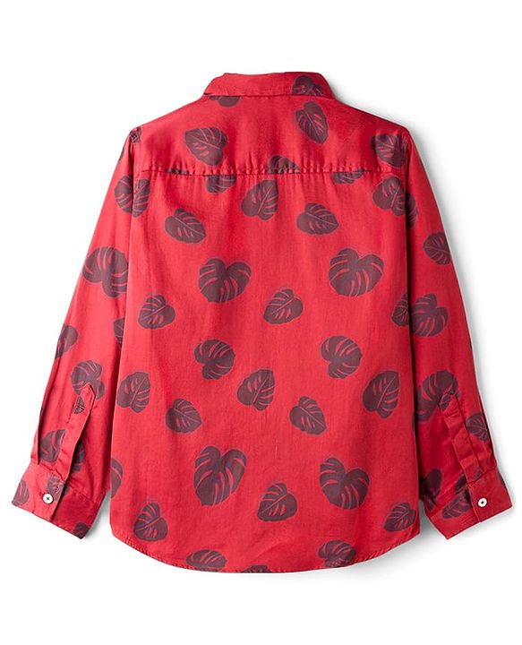 Pine Kids Cotton Woven Full Sleeves Shirt With Leaves Print - Red