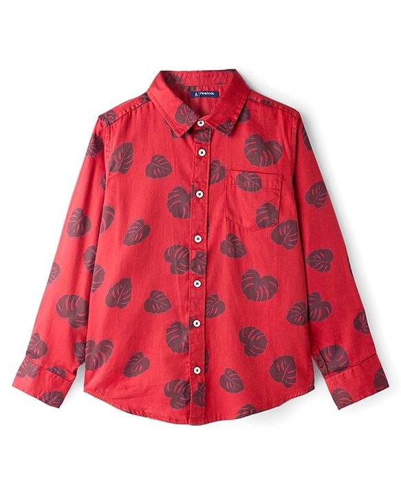 Pine Kids Cotton Woven Full Sleeves Shirt With Leaves Print - Red