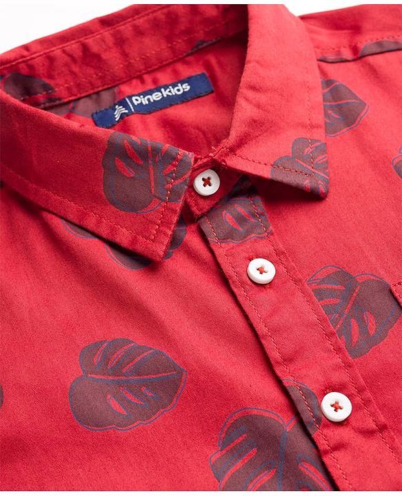 Pine Kids Cotton Woven Full Sleeves Shirt With Leaves Print - Red