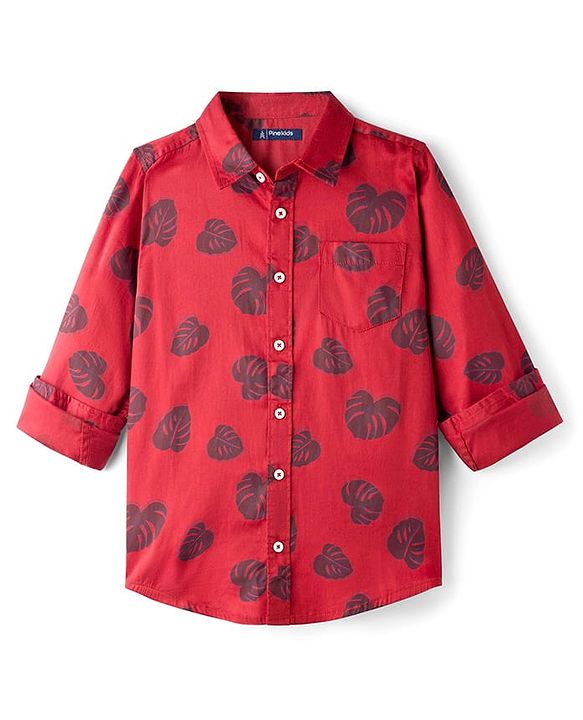 Pine Kids Cotton Woven Full Sleeves Shirt With Leaves Print - Red