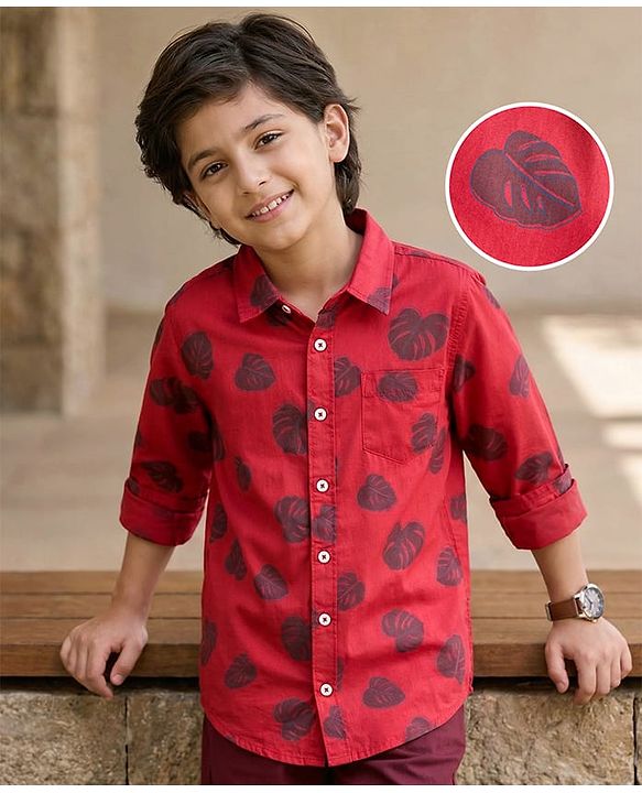 Pine Kids Cotton Woven Full Sleeves Shirt With Leaves Print - Red
