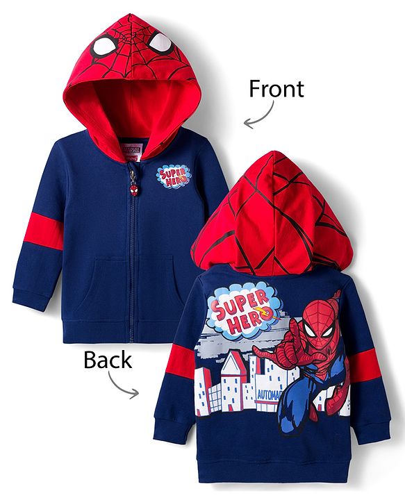 Babyhug Marvel Terry Knit Full Sleeves Front Open Hooded Sweatshirt with Cut & Sew Design Kangaroo Pocket & Front & Back Spider-Man Graphics - Navy Blue & Red