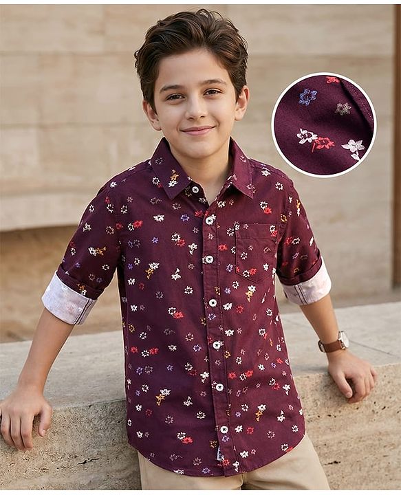 Pine Kids Cotton Woven Full Sleeves Shirt With Floral Print - Wine