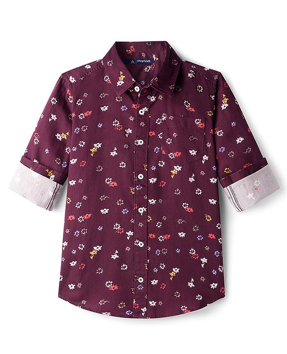 Pine Kids Cotton Woven Full Sleeves Shirt With Floral Print - Wine