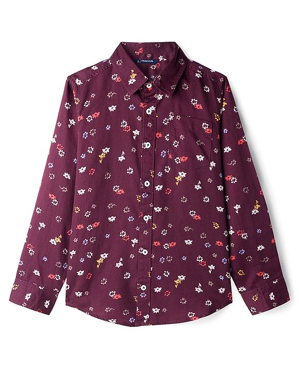 Pine Kids Cotton Woven Full Sleeves Shirt With Floral Print - Wine