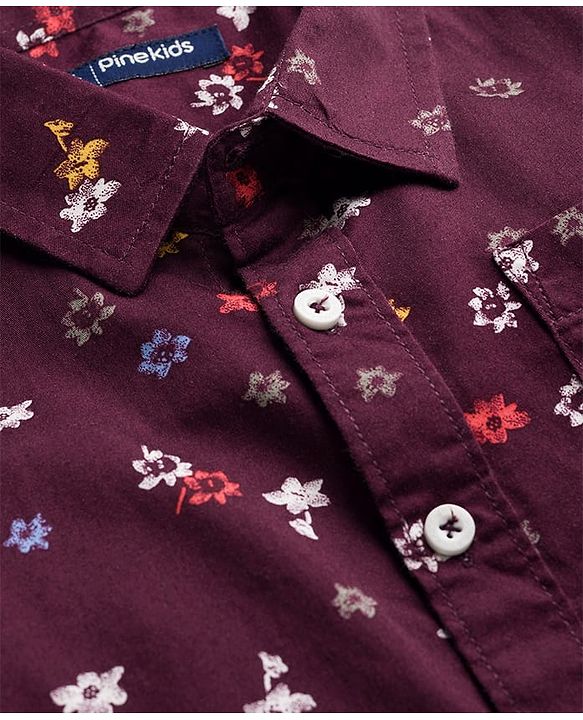 Pine Kids Cotton Woven Full Sleeves Shirt With Floral Print - Wine