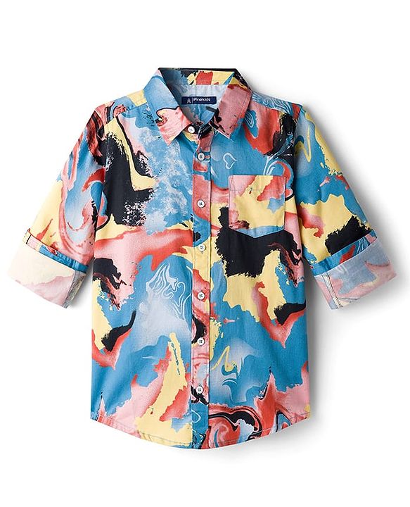 Pine Kids Cotton Woven Full Sleeves Printed Shirt - Light Blue