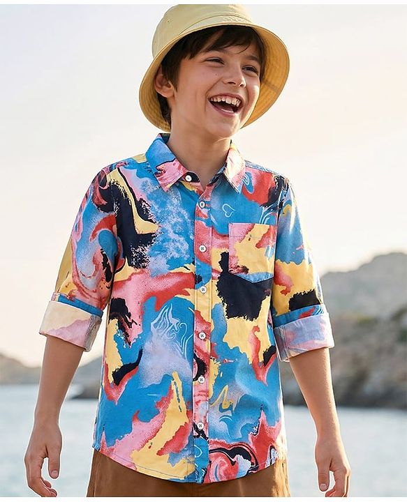 Pine Kids Cotton Woven Full Sleeves Printed Shirt - Light Blue