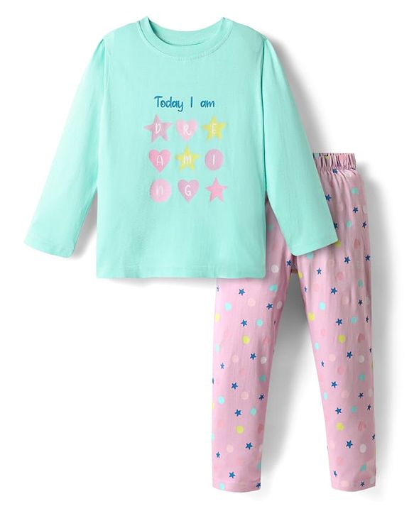 Babyhug Cotton Knit Full Sleeves Night Suit With Star Print - Light Blue & Lilac