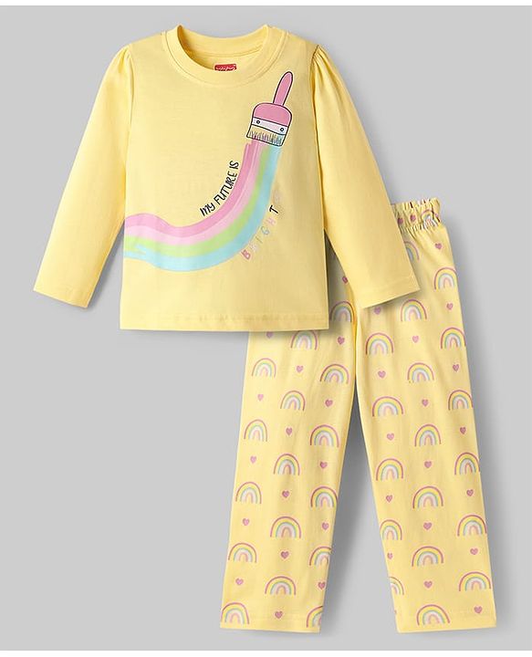 Babyhug Cotton Knit Full Sleeves Night Suit with Rainbow Print - Yellow