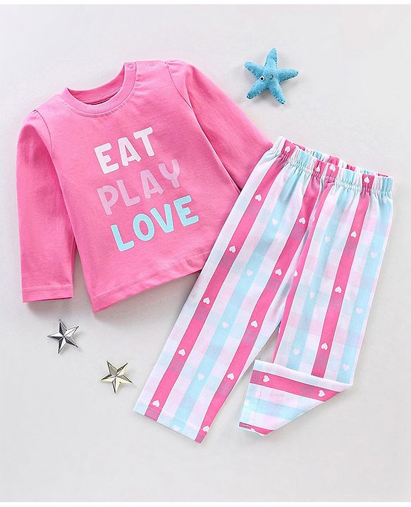 Babyhug Cotton Knit Full Sleeves Night Suit With Text Print - Pink