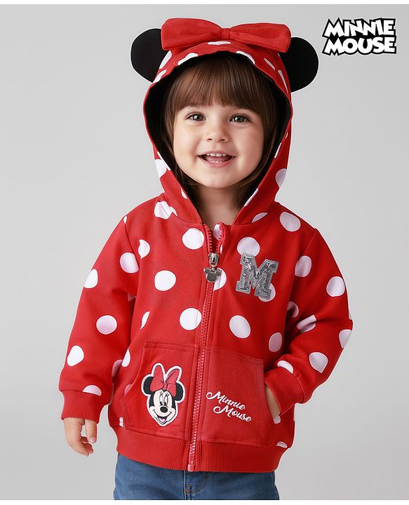 Babyhug Disney Terry Knit Full Sleeves Hooded Sweatjacket With Minnie Mouse Graphics & Bow Applique - Red