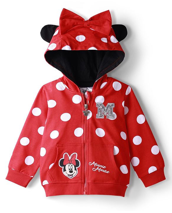Babyhug Disney Terry Knit Full Sleeves Hooded Sweatjacket With Minnie Mouse Graphics & Bow Applique - Red