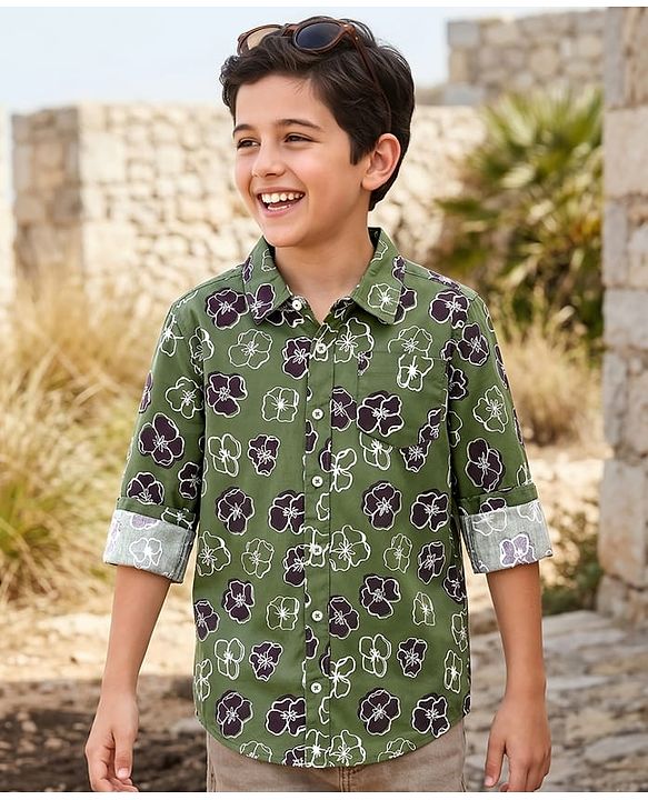 Pine Kids Cotton Woven Full Sleeves Shirt With Floral Print - Green