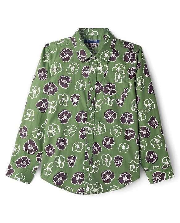 Pine Kids Cotton Woven Full Sleeves Shirt With Floral Print - Green