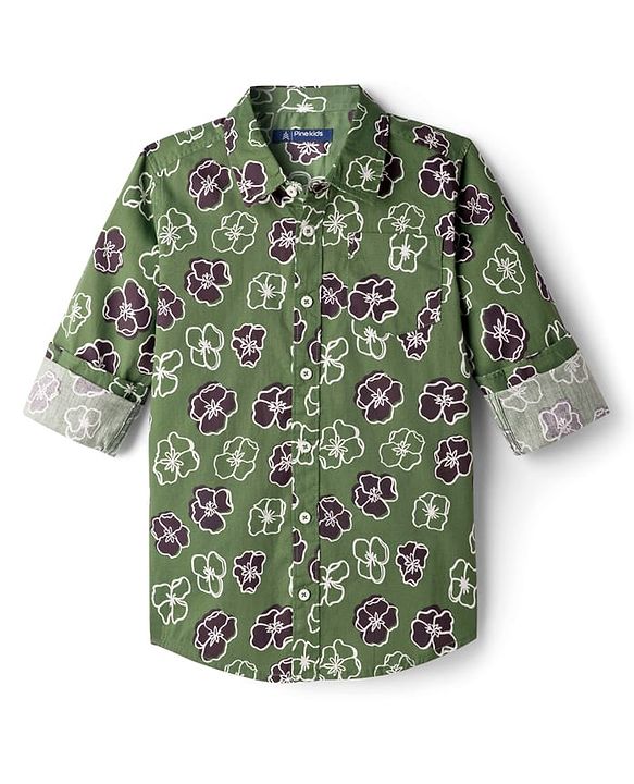 Pine Kids Cotton Woven Full Sleeves Shirt With Floral Print - Green