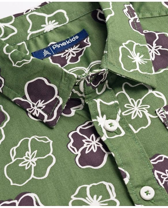 Pine Kids Cotton Woven Full Sleeves Shirt With Floral Print - Green