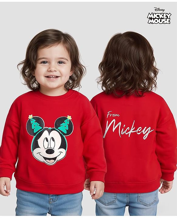 Babyhug Disney Terry Knit  Drop Shoulder Full Sleeves Sweashirt with Mickey Mouse Graphics - Red