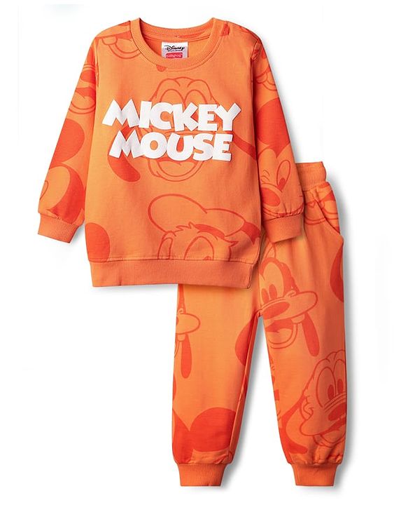 Babyhug Disney 100% Cotton Knit Full Sleeves Sweatshirt & Jogger Set With Mickey Mouse Print - Orange