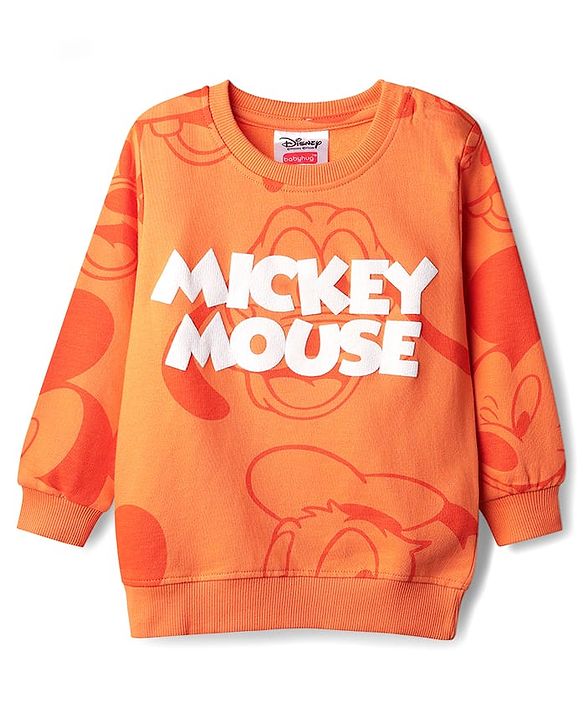 Babyhug Disney 100% Cotton Knit Full Sleeves Sweatshirt & Jogger Set With Mickey Mouse Print - Orange