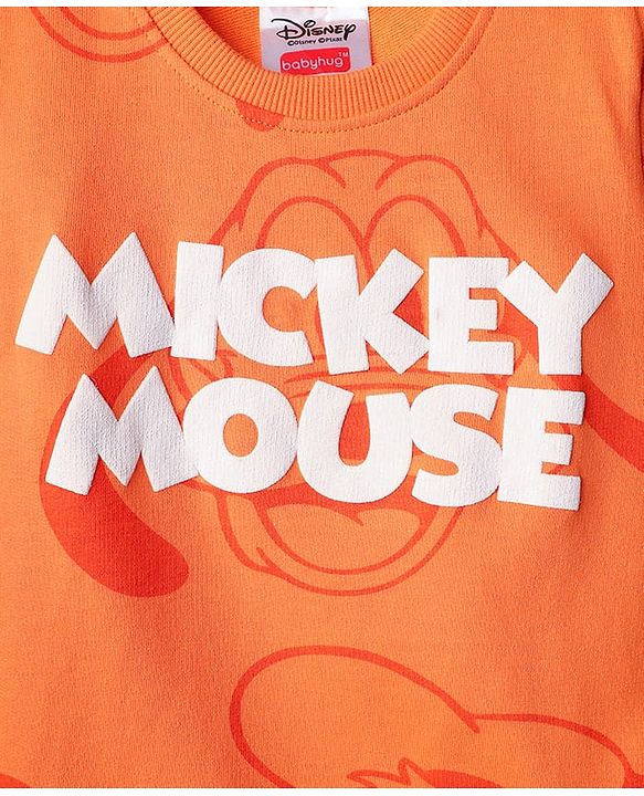 Babyhug Disney 100% Cotton Knit Full Sleeves Sweatshirt & Jogger Set With Mickey Mouse Print - Orange