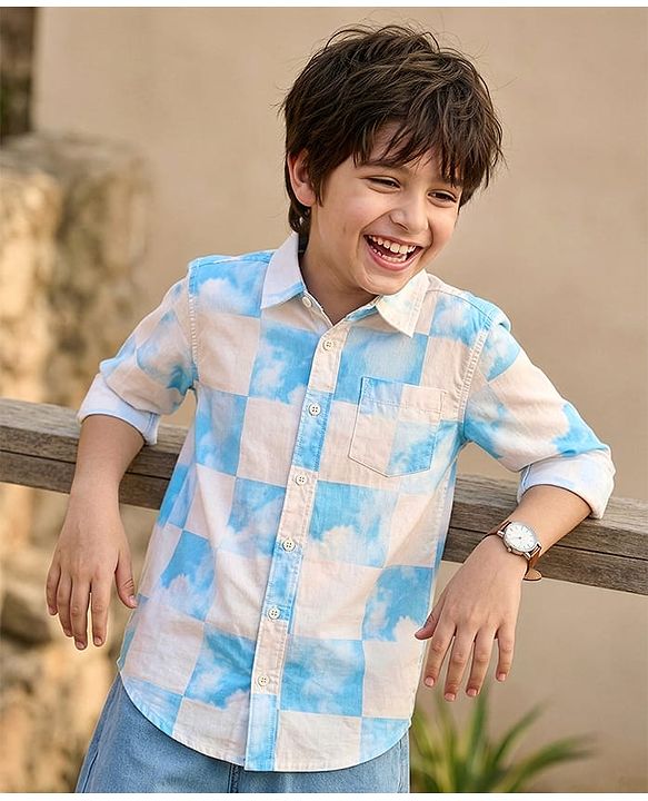 Pine Kids Cotton Woven Full Sleeves Shirts With Clouds Print - Light Pink