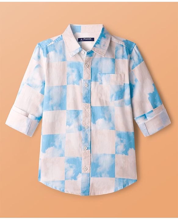 Pine Kids Cotton Woven Full Sleeves Shirts With Clouds Print - Light Pink