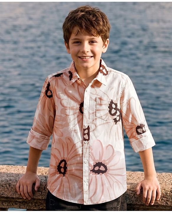 Pine Kids Cotton Woven Full Sleeves Shirt with Floral Print - Tan