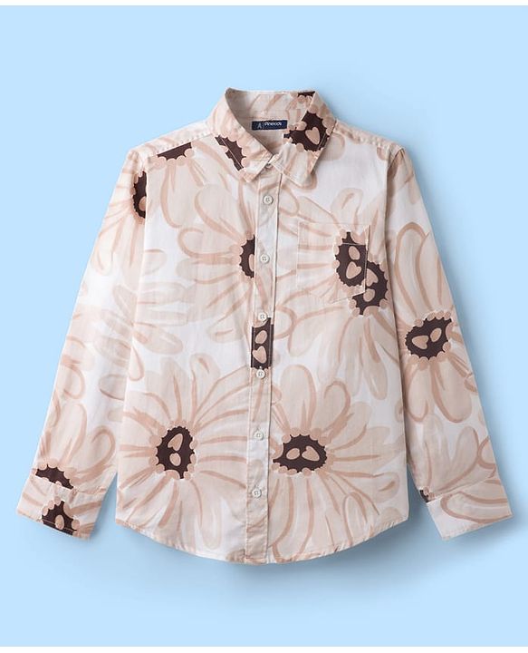 Pine Kids Cotton Woven Full Sleeves Shirt with Floral Print - Tan