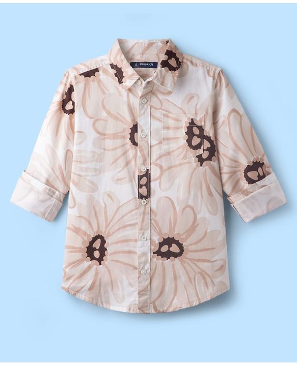 Pine Kids Cotton Woven Full Sleeves Shirt with Floral Print - Tan