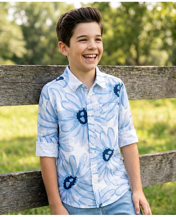 Pine Kids Cotton Woven Full Sleeves Shirt with Floral Print - Blue