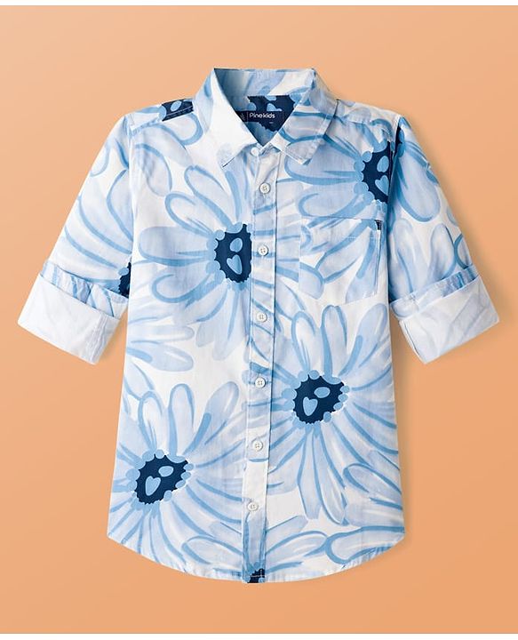 Pine Kids Cotton Woven Full Sleeves Shirt with Floral Print - Blue