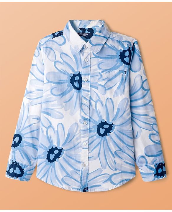 Pine Kids Cotton Woven Full Sleeves Shirt with Floral Print - Blue