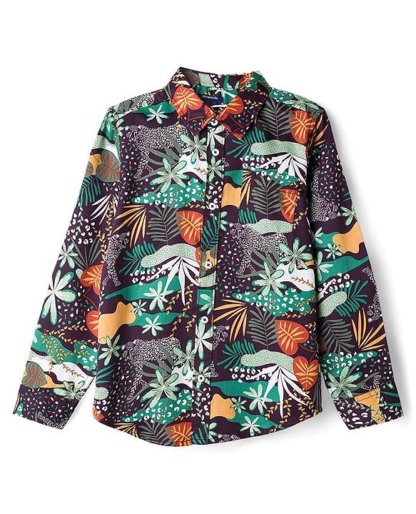 Pine Kids Cotton Woven Full Sleeves Shirt with Jungle Safari Print - Multicolor