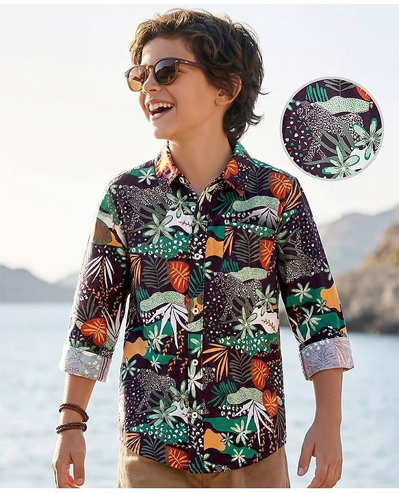 Pine Kids Cotton Woven Full Sleeves Shirt with Jungle Safari Print - Multicolor