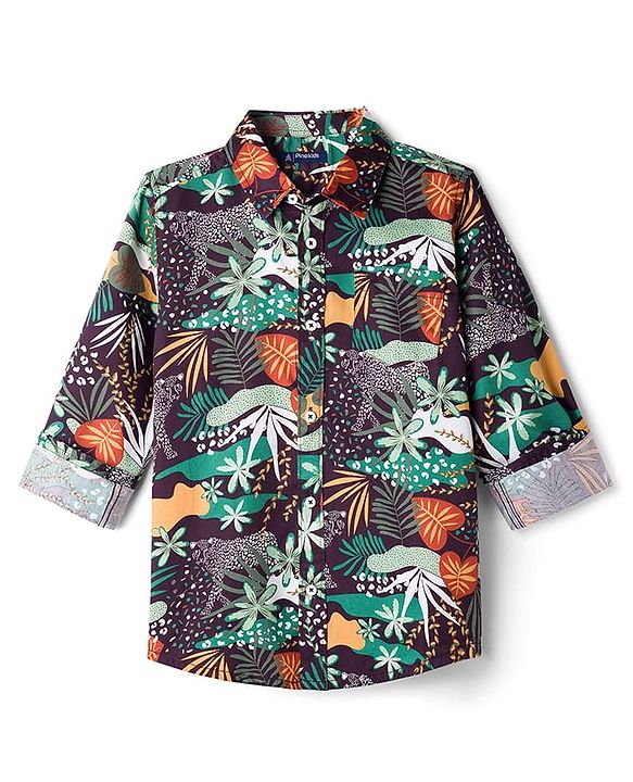 Pine Kids Cotton Woven Full Sleeves Shirt with Jungle Safari Print - Multicolor