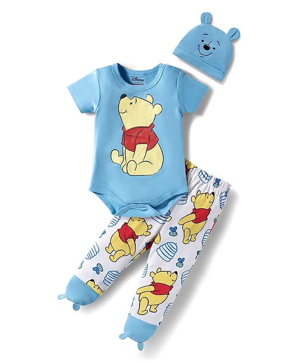 Babyhug Disney Interlock Knit Half Sleeves Onesie Leggings & Cap with Winnie the Pooh Graphic - Light Blue