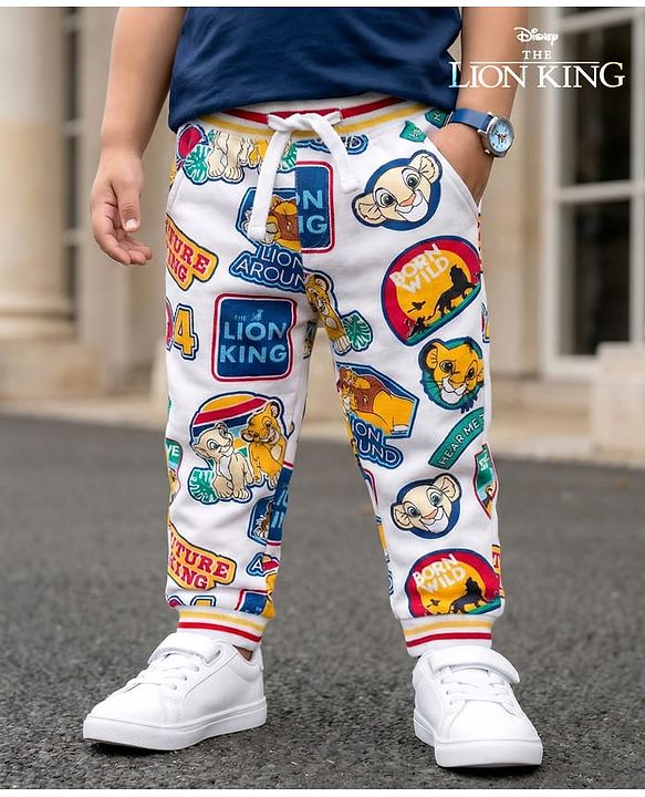 Babyhug Disney Terry Knit Full Length Lounge Pant With Lion King Print - White