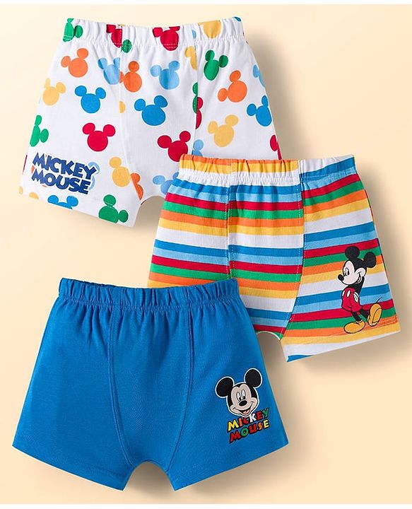 Babyhug Disney Single Jersey Knit Trunks with Mickey Mouse Graphics Pack of 3 - White & Blue