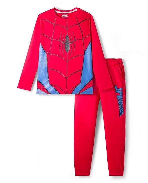 Pine Kids Marvel Single Jersey Knit Full Sleeves Night Suit With Spider Man Print - Red