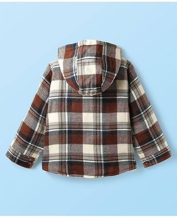 Babyhug Full Sleeves Hooded Checkered Winter Jacket with Front Pocket Detailing -Multicolor