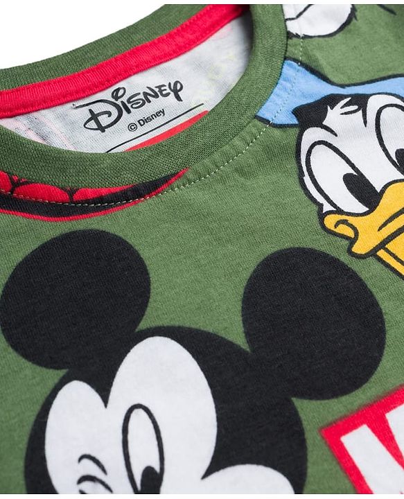 Babyhug Disney Single Jersey Knit Full Sleeves Co-ord Night Suit With Disney Character Print - Olive Green