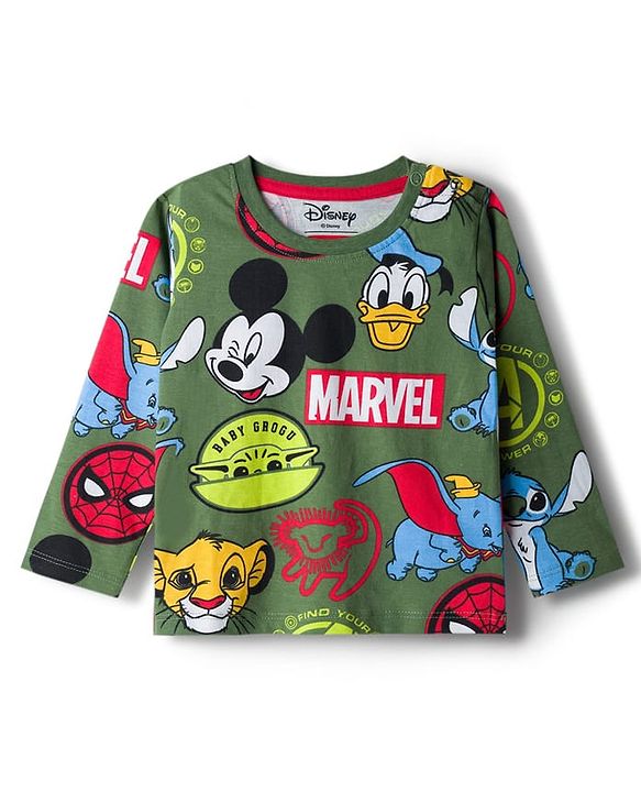Babyhug Disney Single Jersey Knit Full Sleeves Co-ord Night Suit With Disney Character Print - Olive Green