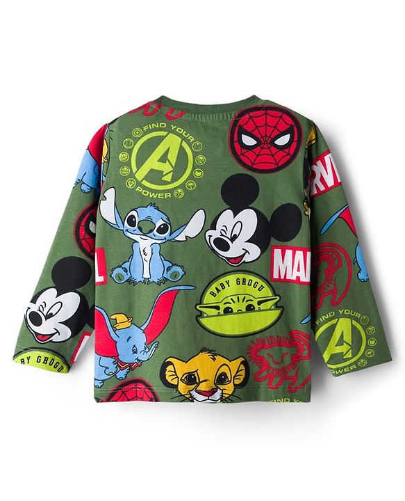 Babyhug Disney Single Jersey Knit Full Sleeves Co-ord Night Suit With Disney Character Print - Olive Green
