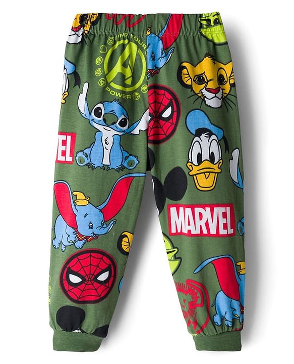 Babyhug Disney Single Jersey Knit Full Sleeves Co-ord Night Suit With Disney Character Print - Olive Green
